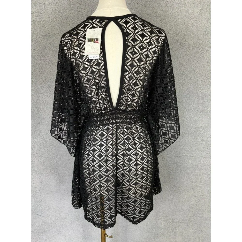 Miken Women's Juniors Crochet Cover-up Batwing Sleeves V-Neck Medium Black NWT's - Picture 4 of 8